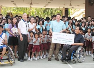 Brett Hayes, general manager for Thailand and Vietnam of Invida (Thailand) led his staff of 340 people to visit the Father Ray Foundation recently, where they received a warm welcome by the children under the care of the centre. They were treated to a game of wheelchair basketball played by handicapped students of the Redemptorist Vocational School. Mr. Hayes presented 45,000 baht to Udomchoke Choorat, director of the school. In addition Invida also sponsored foundation t-shirts valued at 8000 baht.